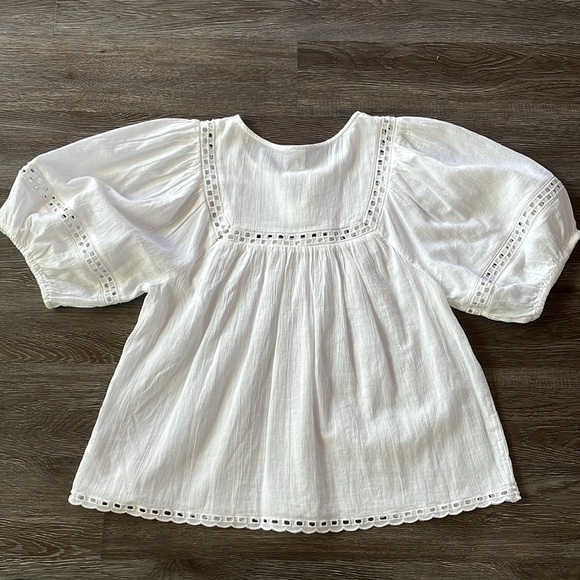 Old Navy White Gauze Notched Neck Balloon Puff Sleeve Short Top Size Small - Picture 3 of 12